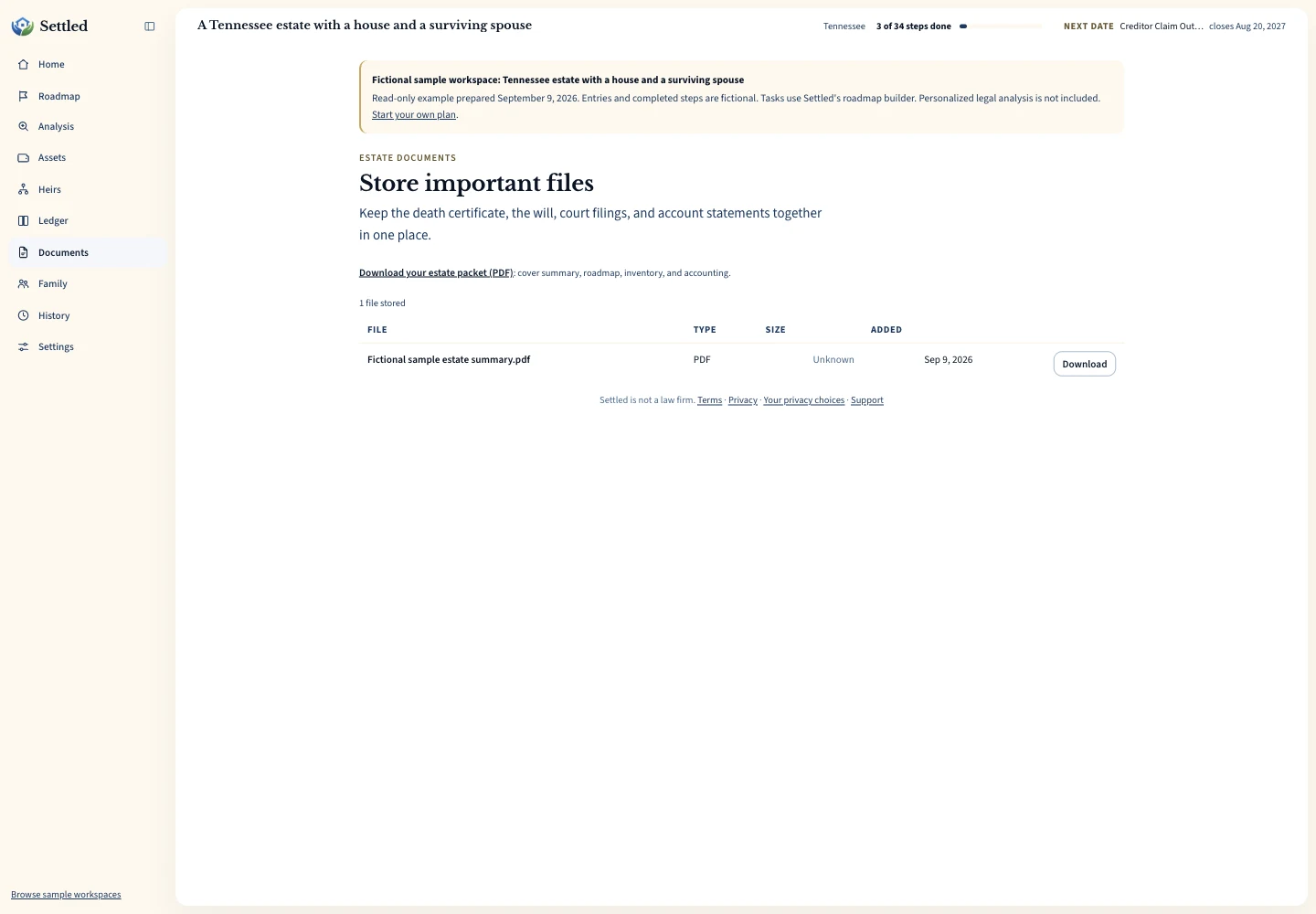 Estate document organization software with a fictional sample summary