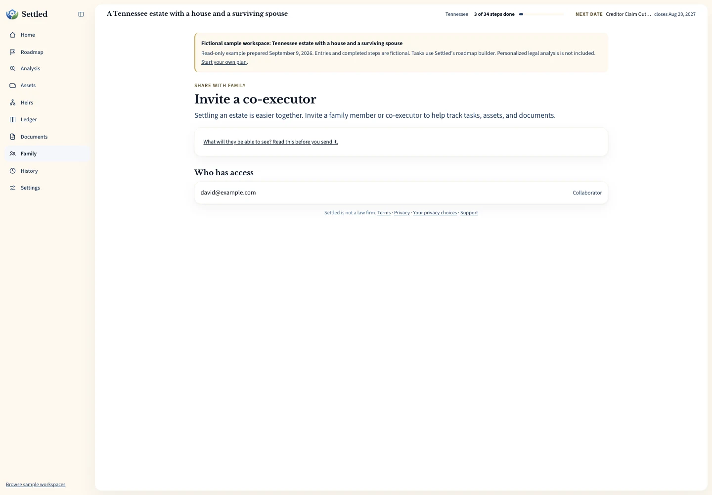 Executor software family sharing page for a fictional estate