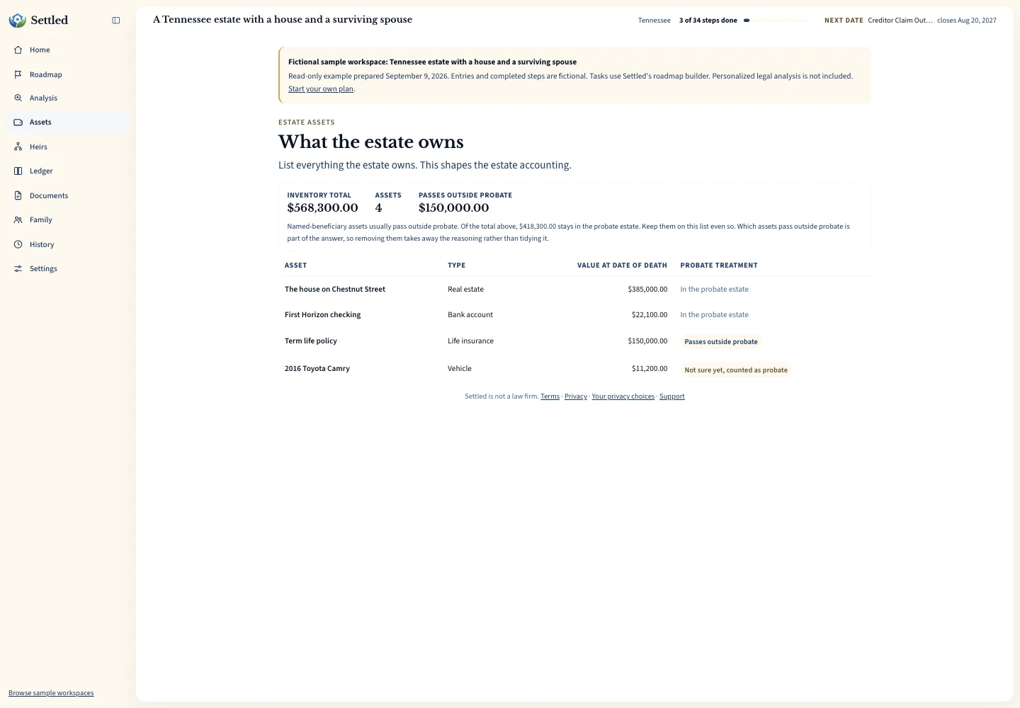 Estate inventory software listing fictional property and account entries