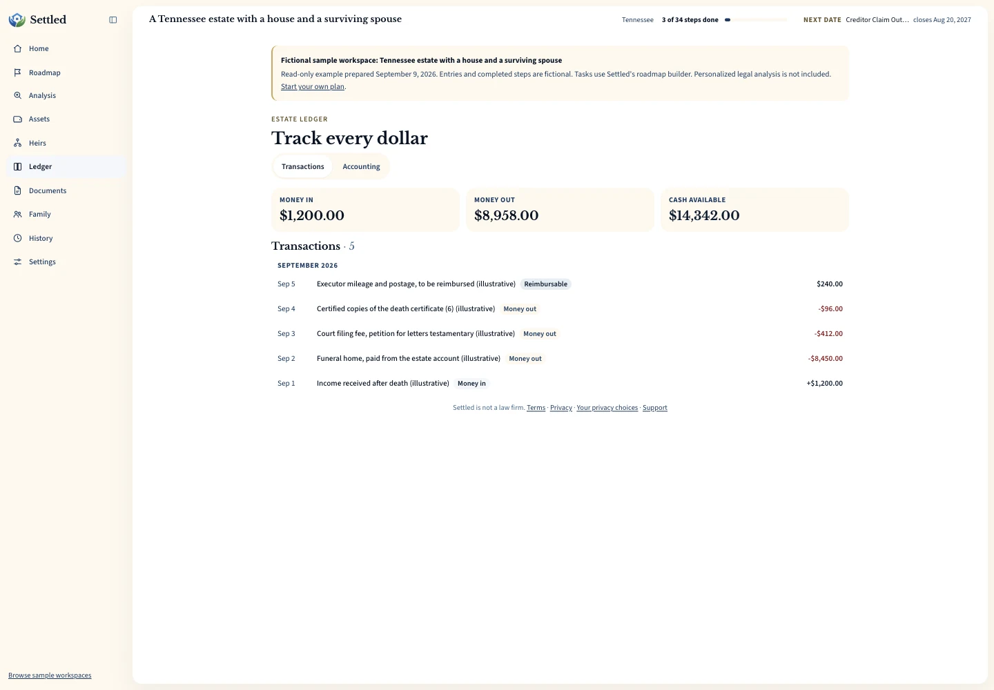 Executor expense tracking software with fictional income and payments