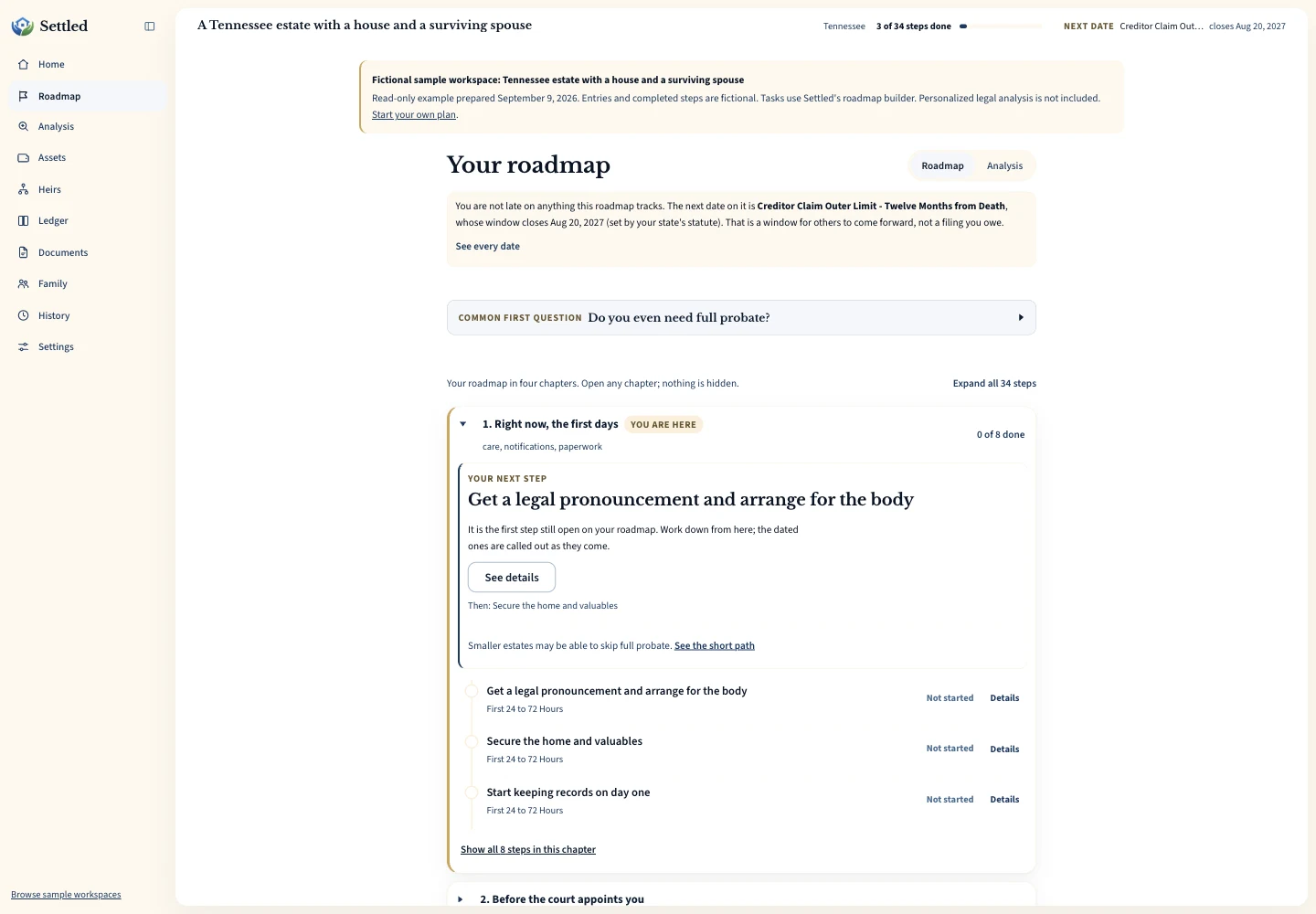 Settled executor software showing a fictional estate task list